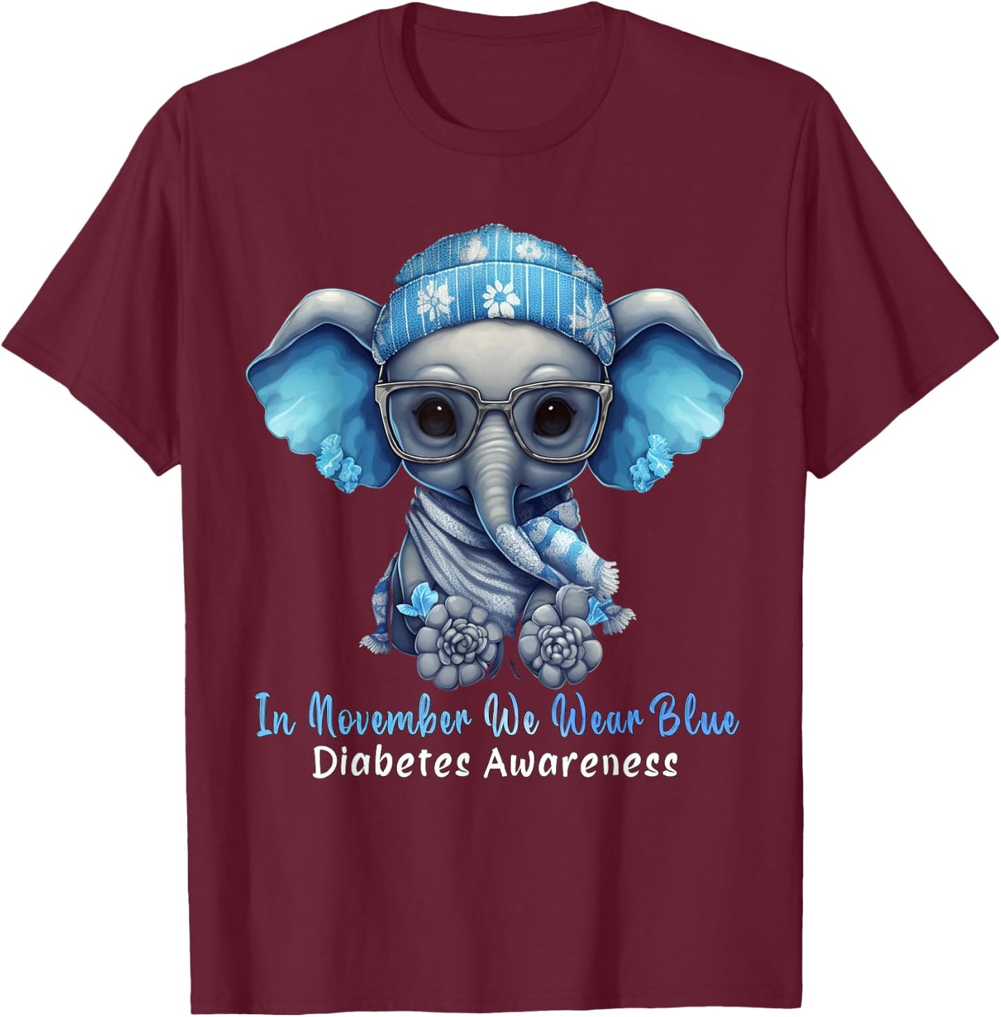 In November We Wear Blue Elephant Diabetes Awareness Gifts T-Shirt - T-Shirt | Maroon