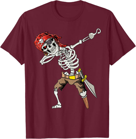Dabbing Skeleton Pirate Halloween Kids Jolly Roger Pirate T-Shirt - T-Shirt | Maroon