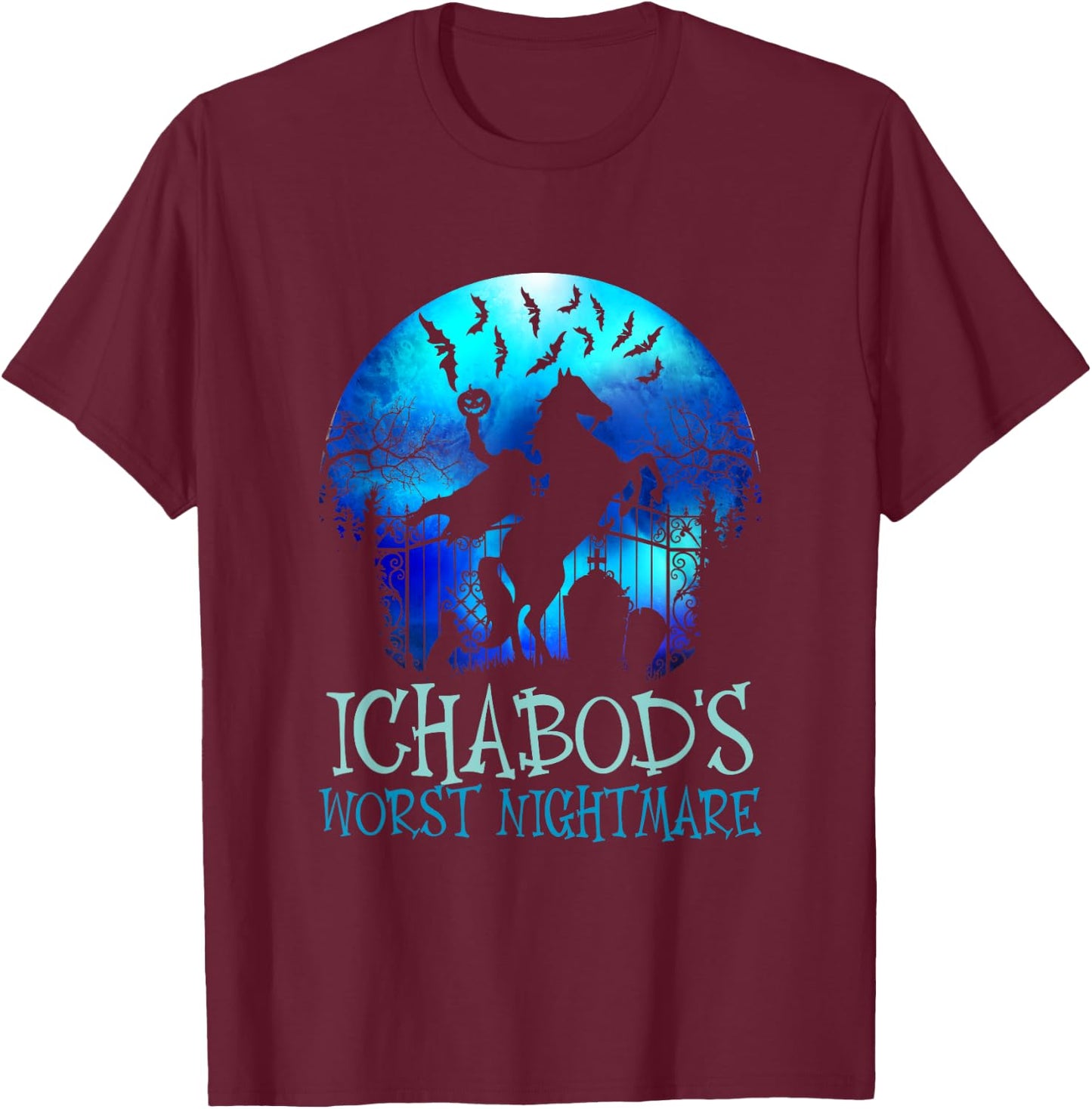 Ichabod's Worst Nightmare, Headless Horseman Halloween T-Shirt - T-Shirt | Maroon
