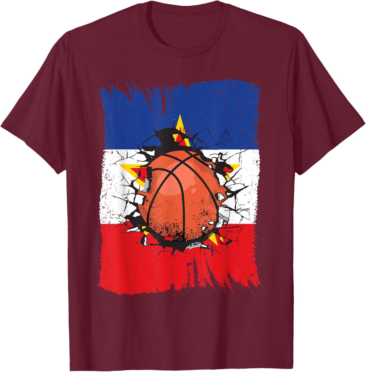 Basketball Team Yugoslavia Fan Splintered Yugoslavian Flag T-Shirt - T-Shirt | Maroon