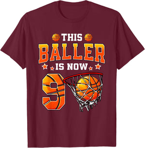 This Baller Is Now 9 Basketball Kids Boys Girls 9th Birthday T-Shirt - T-Shirt | Maroon