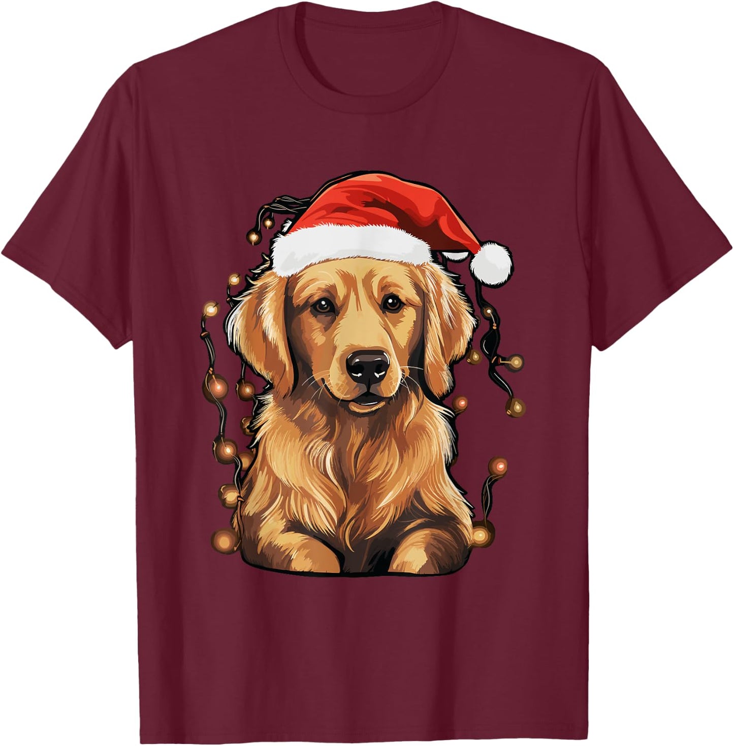 Golden Retriever Dog Christmas Lights Santa Hat Xmas Pajama T-Shirt - T-Shirt | Maroon