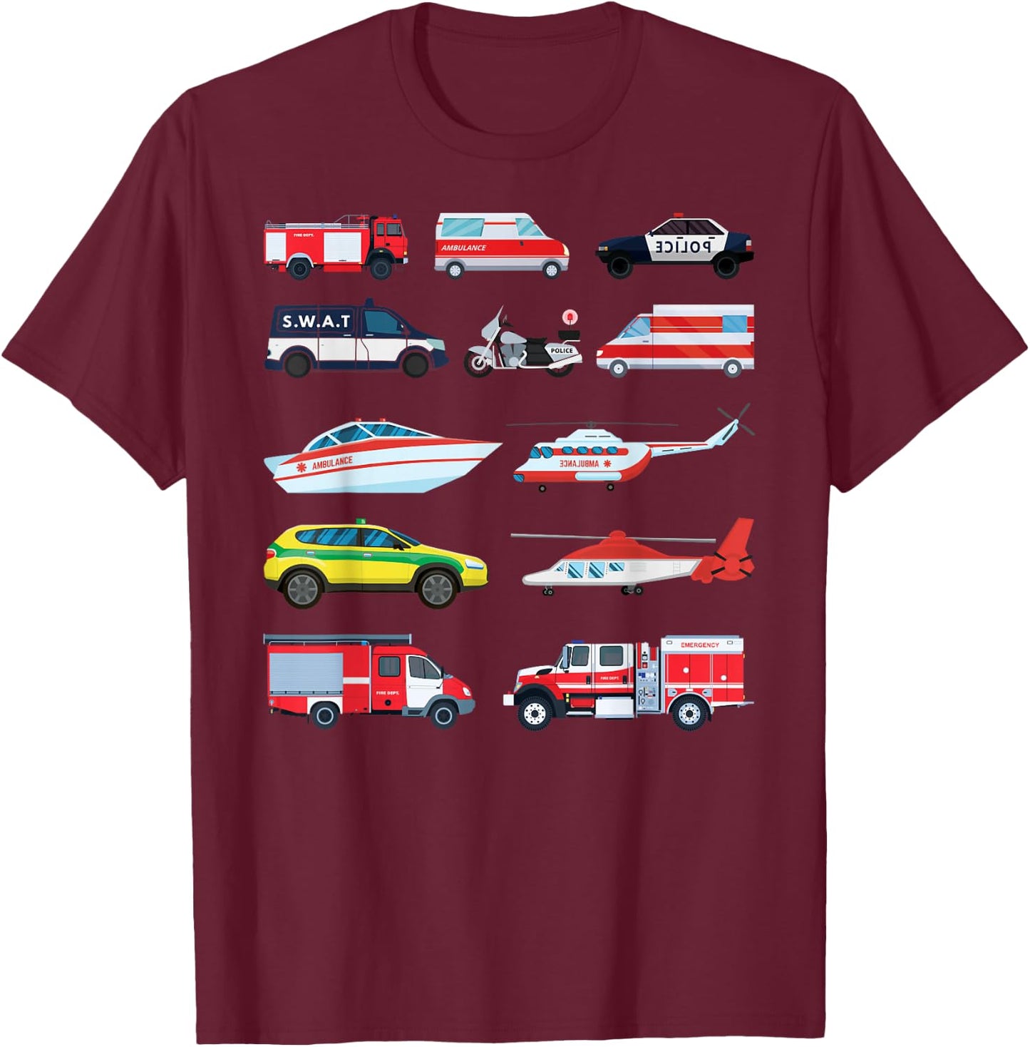 Emergency Vehicles, Emergency Boy and Girl T-Shirt - T-Shirt | Maroon