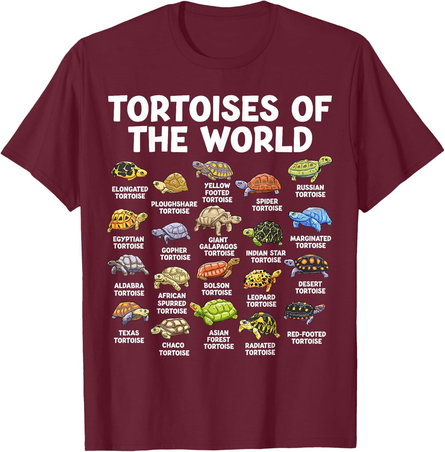 Tortoises of The World Kawaii Types of Turtles Funny Reptile T-Shirt - T-Shirt | Maroon