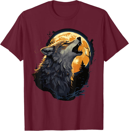 Three Wolves 3 Wolf Howling At The Moon Wild Animal T-Shirt - T-Shirt | Maroon