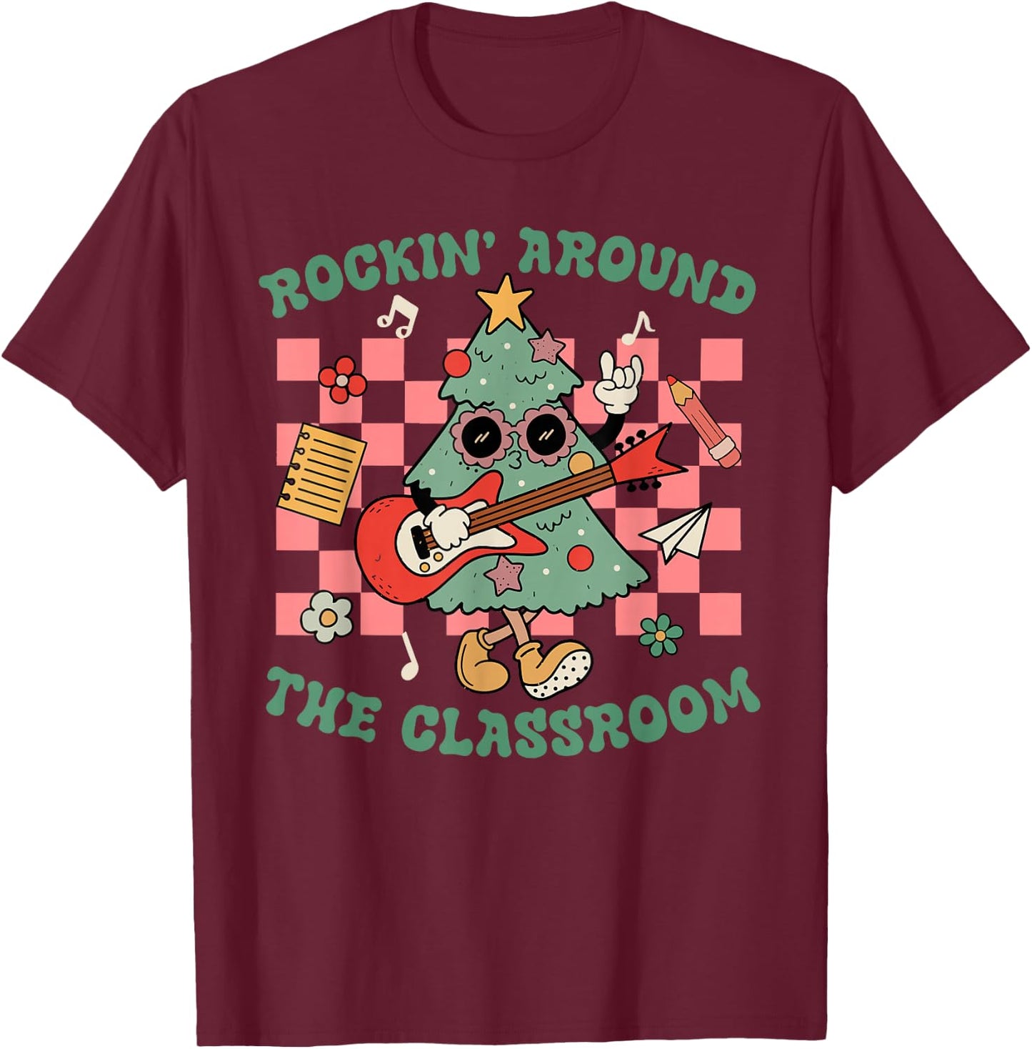 Retro Groovy Teacher Christmas Rockin' Around The Classroom T-Shirt - T-Shirt | Maroon