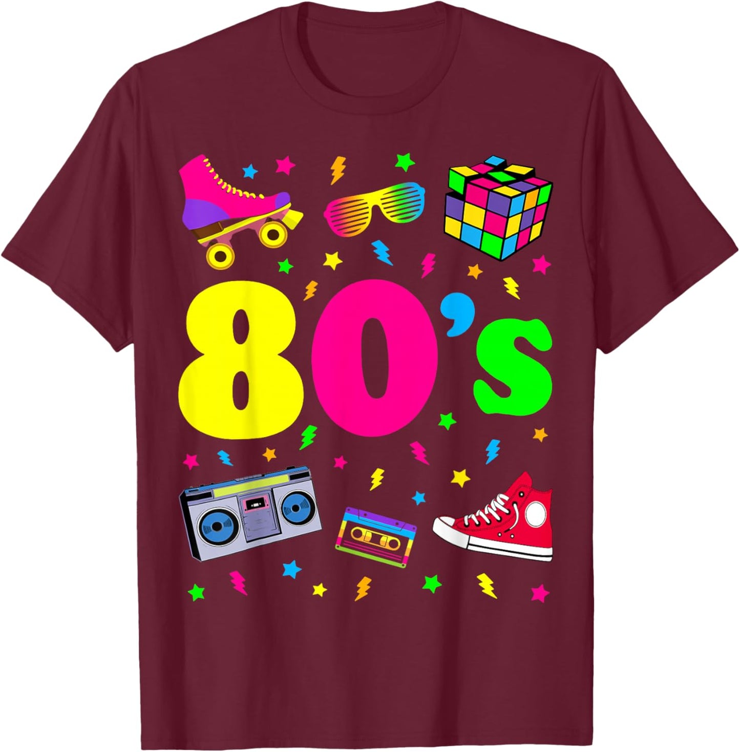 Retro Gifts Vintage 80s Costume Shirts - I Love The 80s - -Adults and Kids - Black - Small - - Short Sleeve - Party - Machine Wash T-Shirt - T-Shirt | Maroon