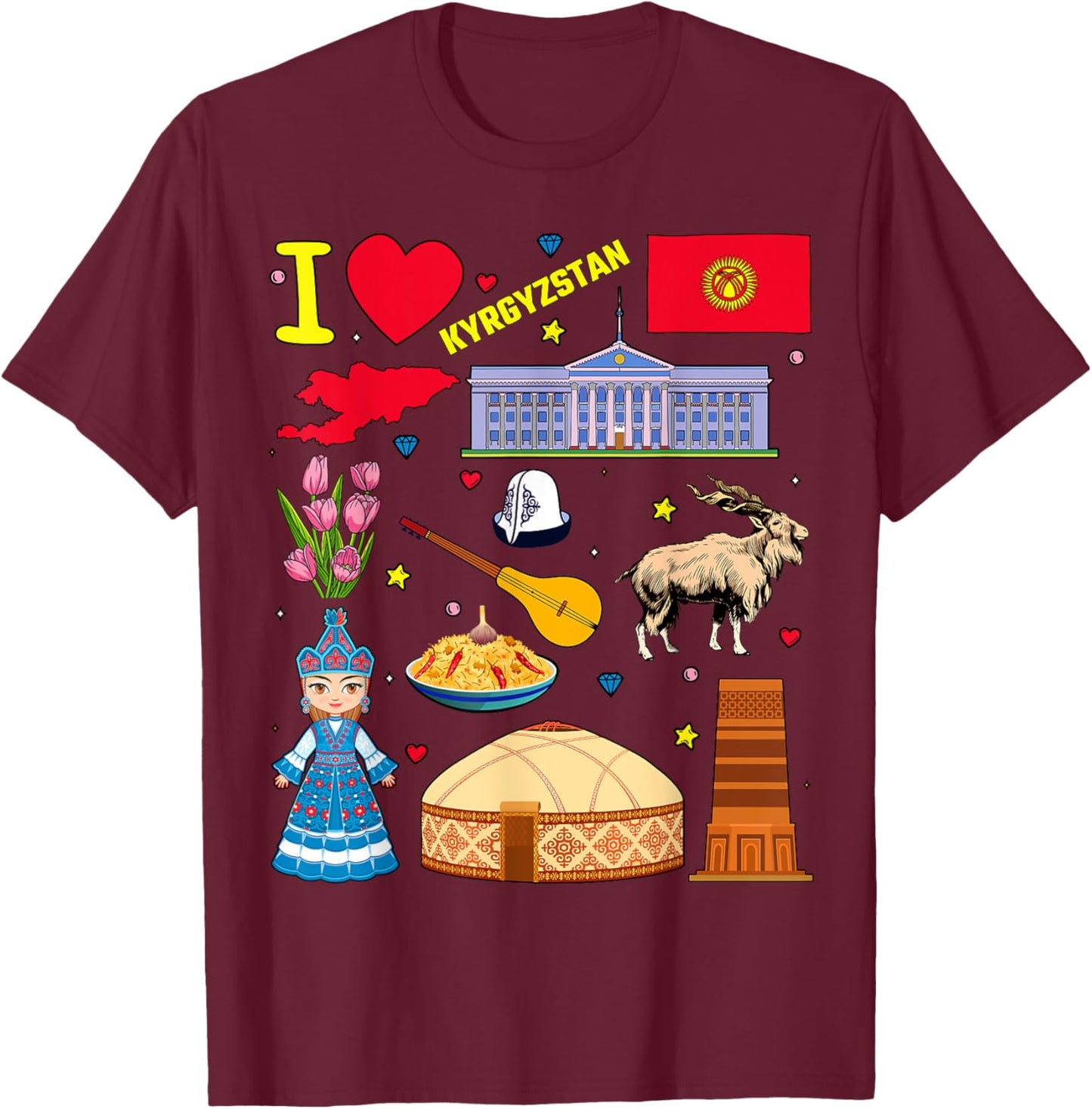 I love Kyrgyzstan. Hand drawn Kyrgyz Landmarks, flag and map T-Shirt - T-Shirt | Maroon
