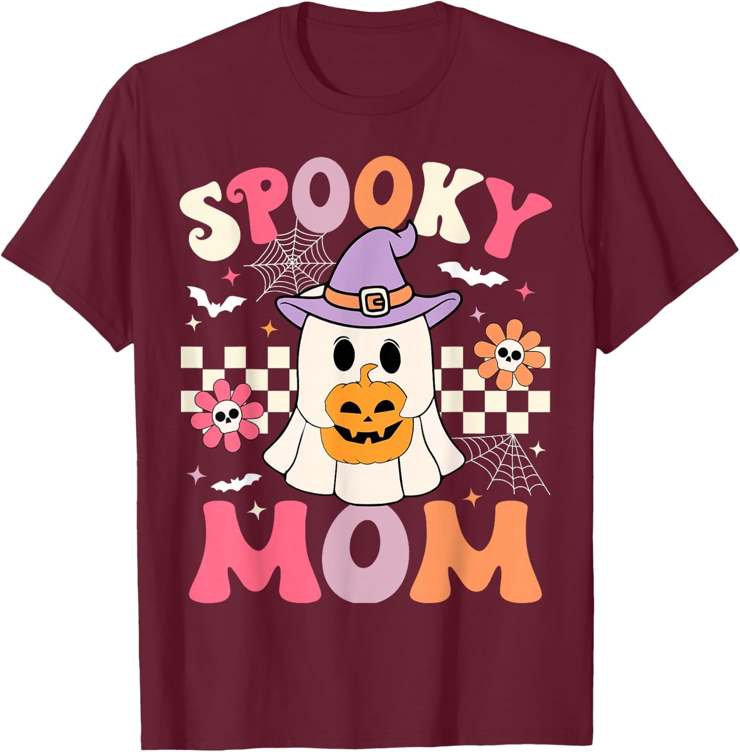 Groovy Spooky Mom Retro Ghost Holding Pumpkin Halloween T-Shirt - T-Shirt | Maroon