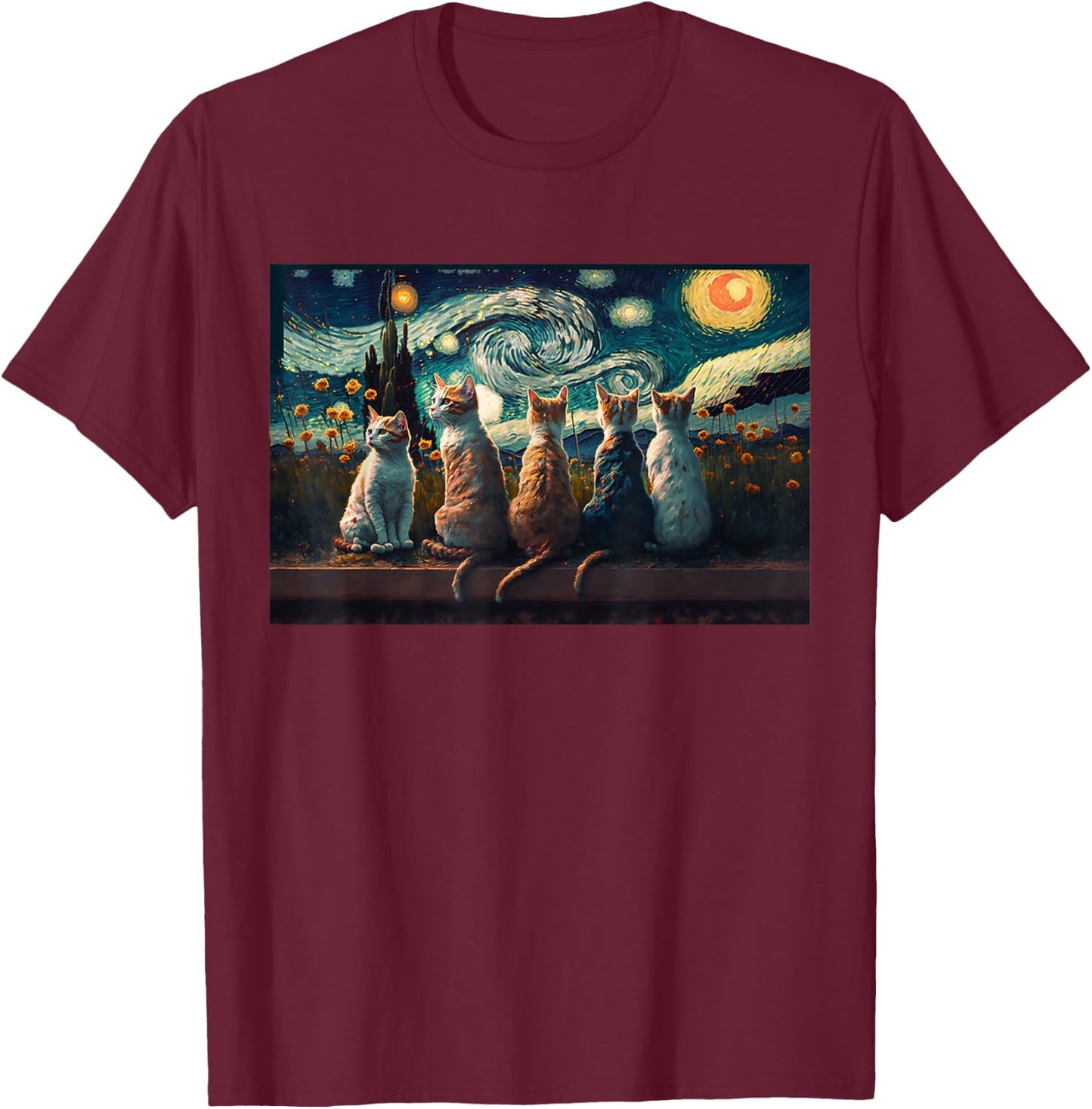 cats painting art sitting Starry Night kitty kitten Van Gogh T-Shirt - T-Shirt | Maroon