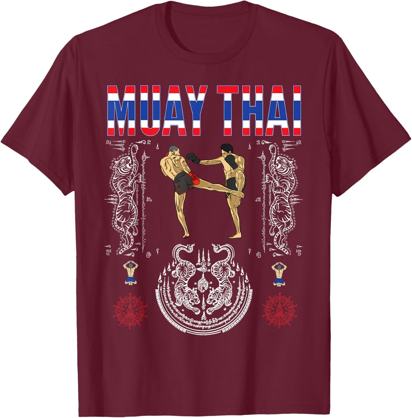 Sawadee Thai Traditional sak yant Thai Twin Tiger Muay Thai T-Shirt - T-Shirt | Maroon
