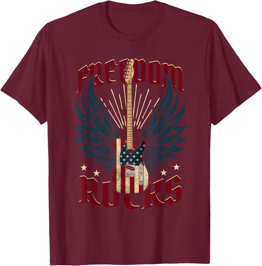 Freedom Rocks Patriotic 4th Of July American Flag Guitar Women Kids Men T-Shirt - T-Shirt | Maroon