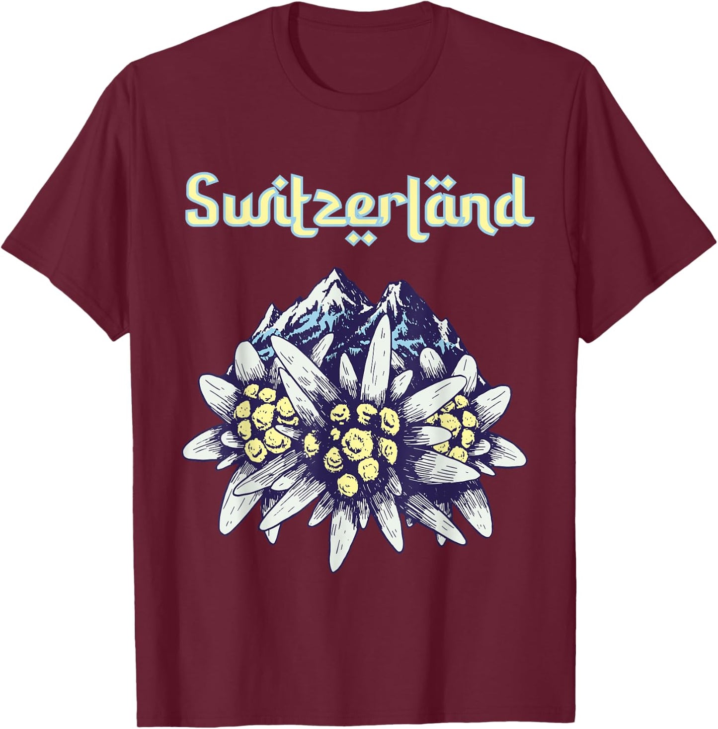 Switzerland Edelweiss Alps Souvenir Mountain Hiking Snow T-Shirt - T-Shirt | Maroon