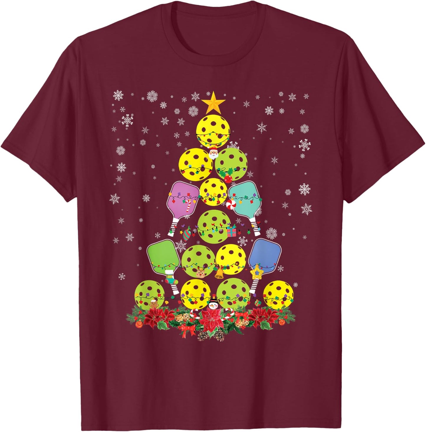 Pickleball Christmas Tree Santa Pickleball X Mas Lights T-Shirt - T-Shirt | Maroon