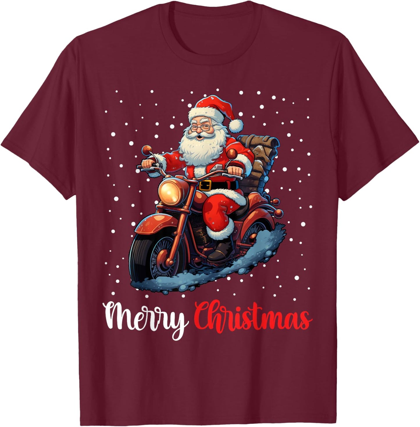 Merry Christmas Santa Riding Motorcycle Biker T-Shirt - T-Shirt | Maroon