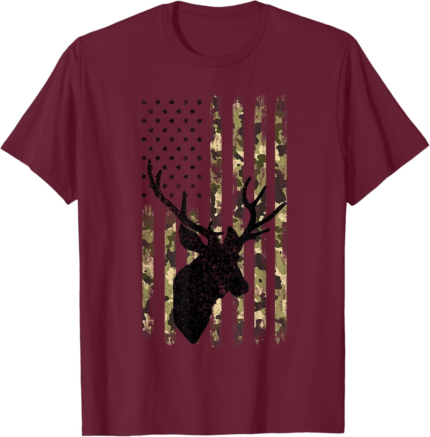Funny Camouflage USA Flag Whitetail Buck Deer Hunting Lovers T-Shirt - T-Shirt | Maroon