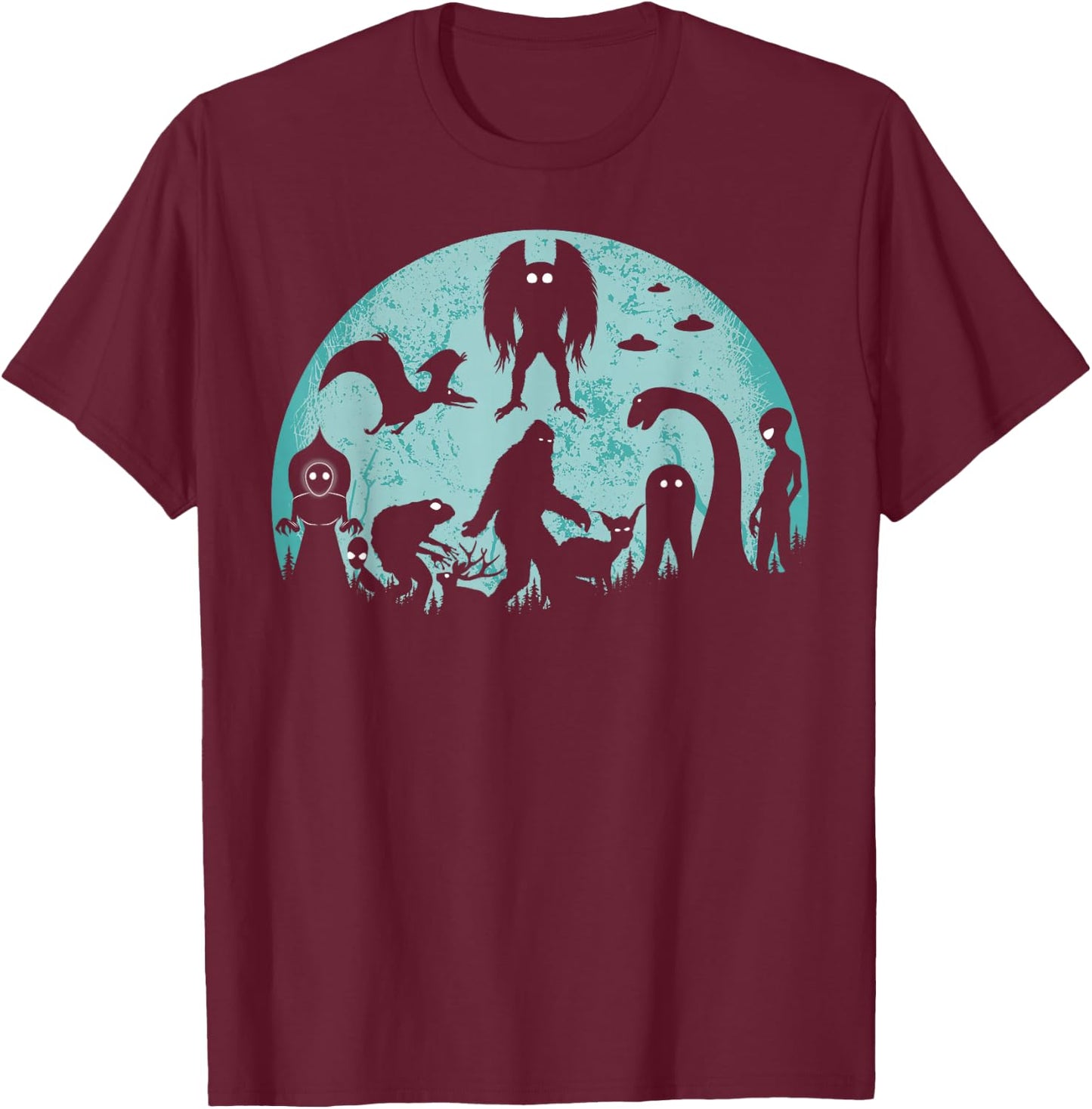Bigfoot Loch Ness Monster Mothman And Aliens Funny Cryptid T-Shirt - T-Shirt | Maroon