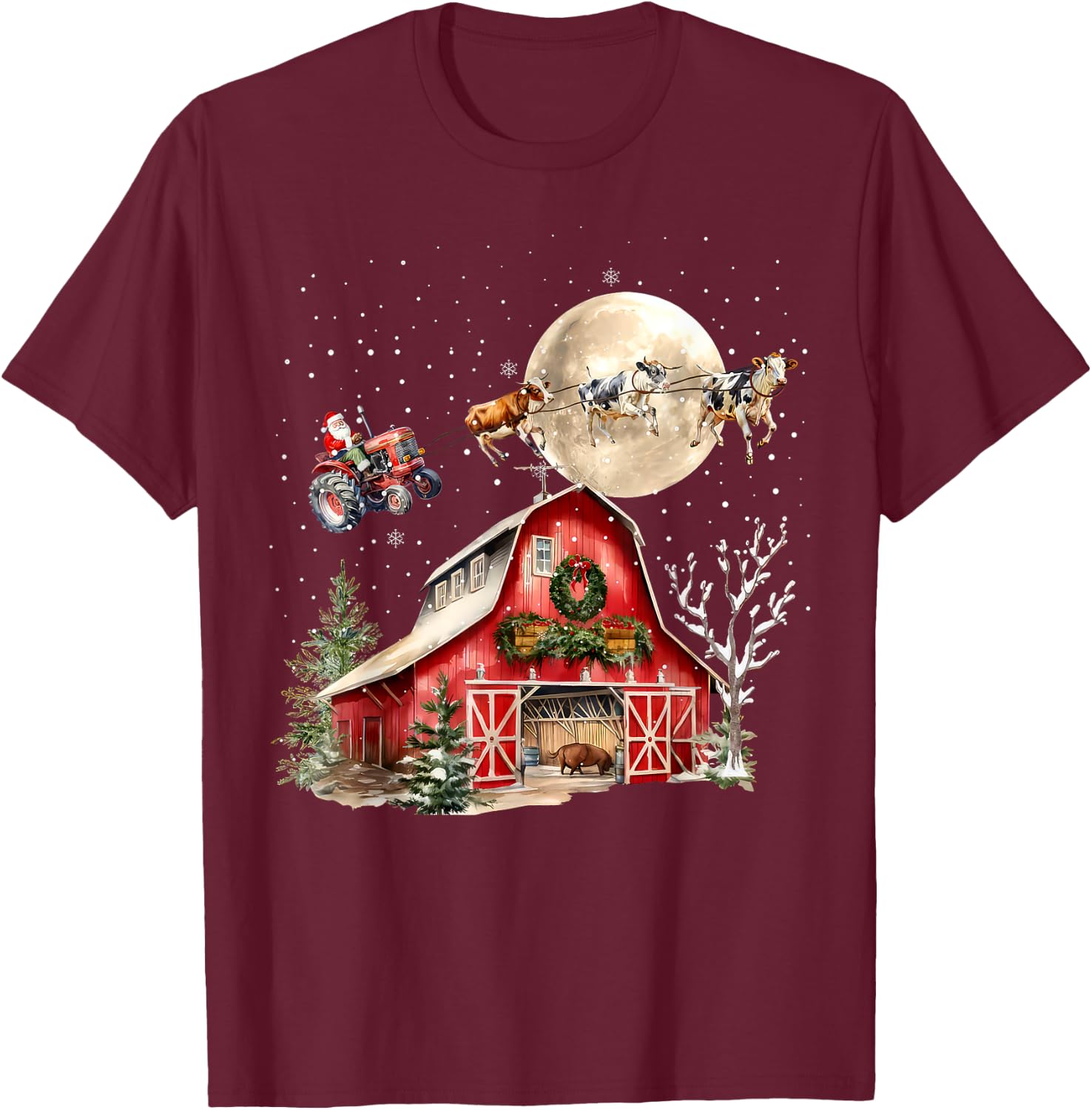 Funny Santa Claus Tractor Cows Farm Farmer Christmas Holiday T-Shirt - T-Shirt | Maroon