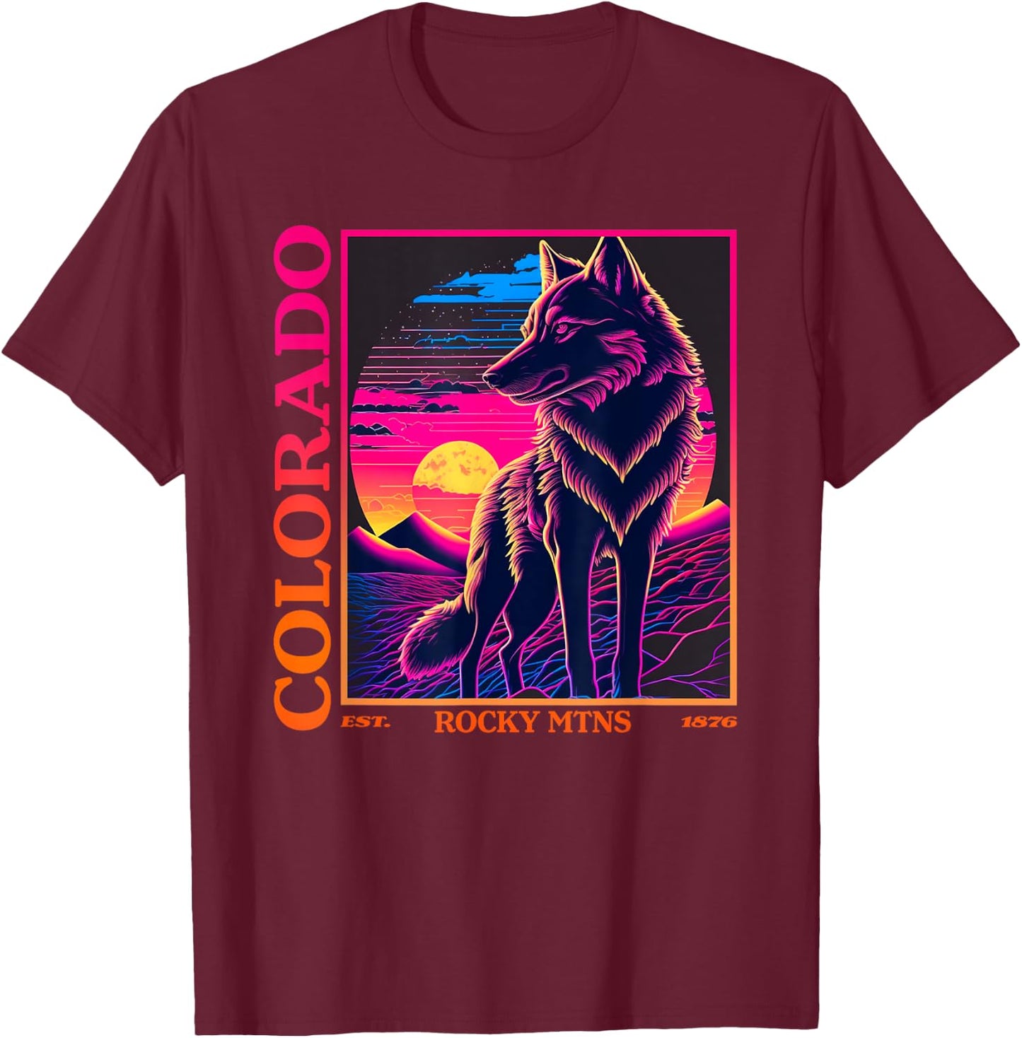 Colorado Mountain Wolf - Wolf, Moon, & Stars Retro T-Shirt - T-Shirt | Maroon