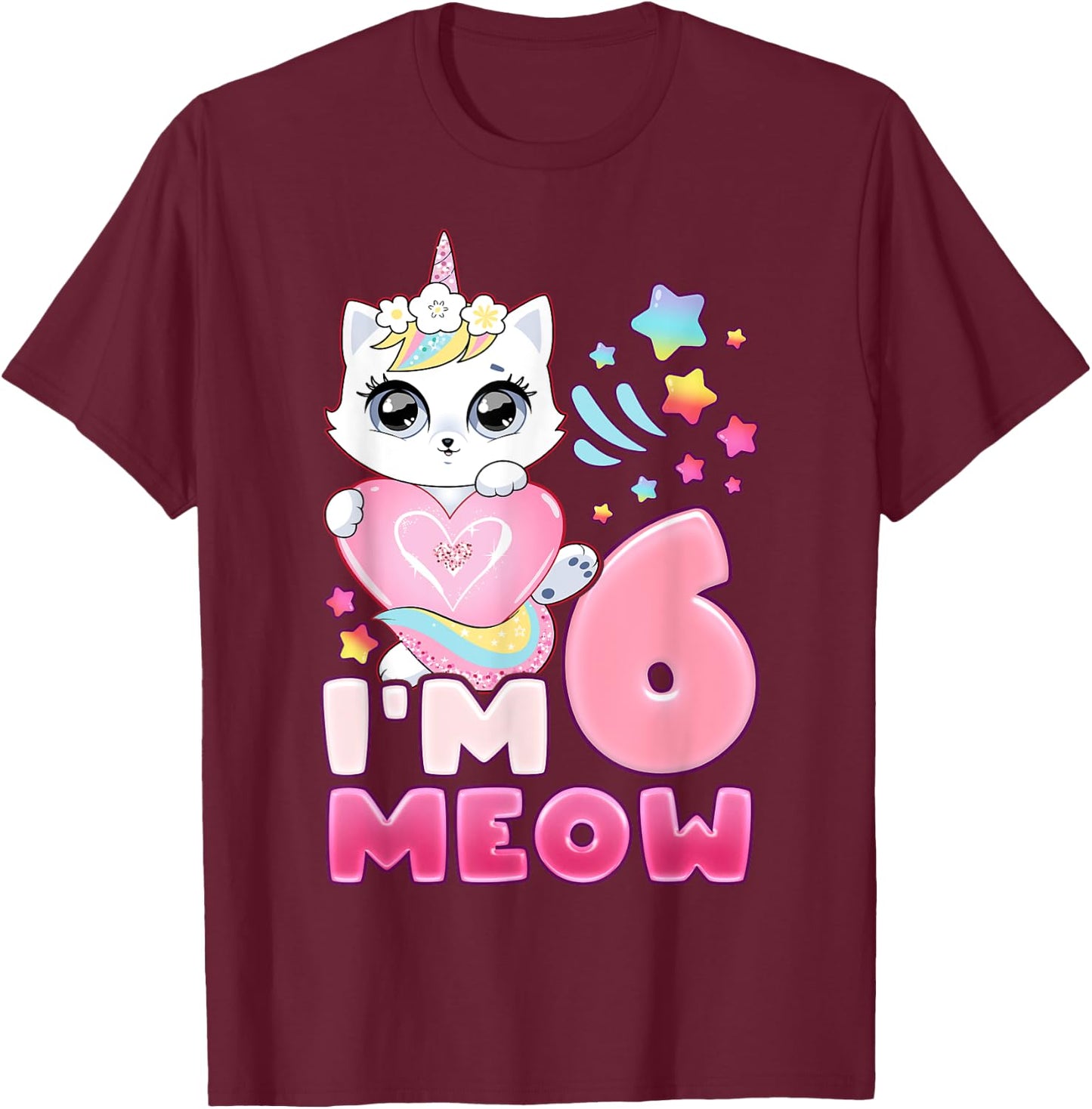 Birthday girl 6 years old, cat, unicorn, 6th birthday T-Shirt - T-Shirt | Maroon