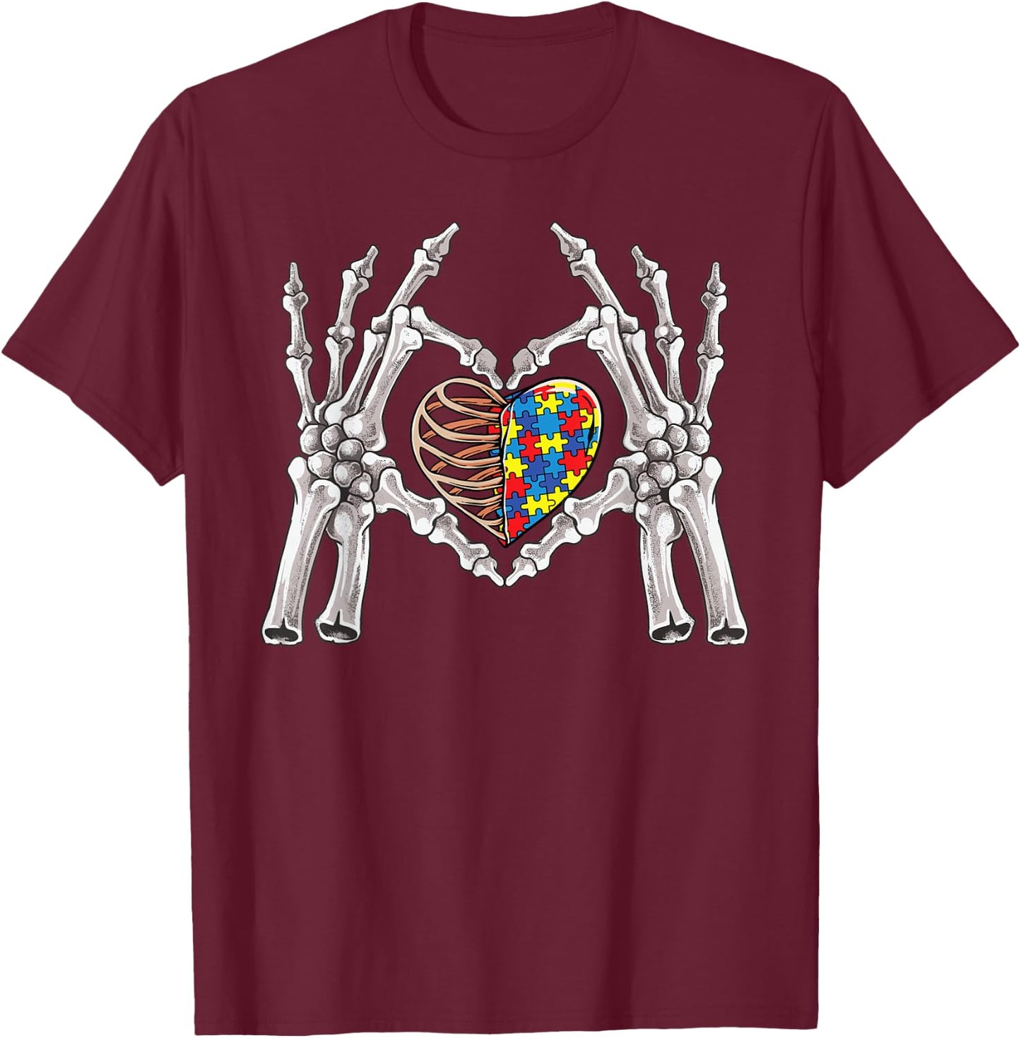 Autism Awareness Gothic Skull Hand Autism Puzzle Piece Heart T-Shirt - T-Shirt | Maroon