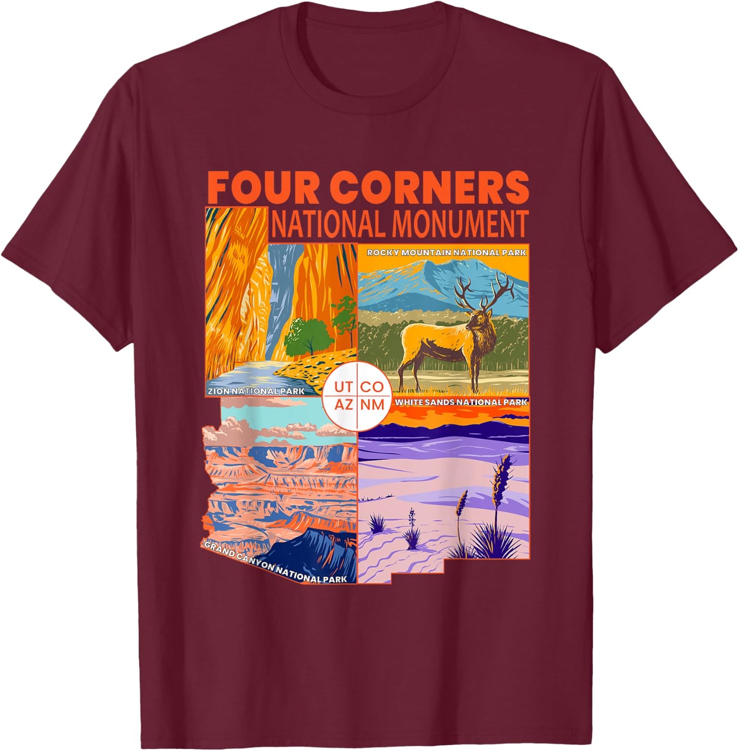 Four Corners National Monument With National Parks Retro T-Shirt - T-Shirt | Maroon