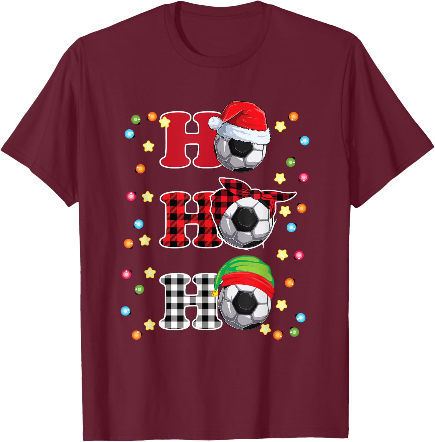 Ho Ho Ho Santa Red Plaid Christmas Lights Pajama Soccer T-Shirt - T-Shirt | Maroon