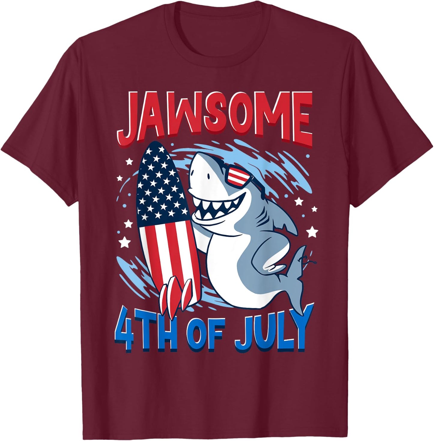 Jawsome 4th of July Outifts For Kids Boys Men Funny Shark T-Shirt - T-Shirt | Maroon