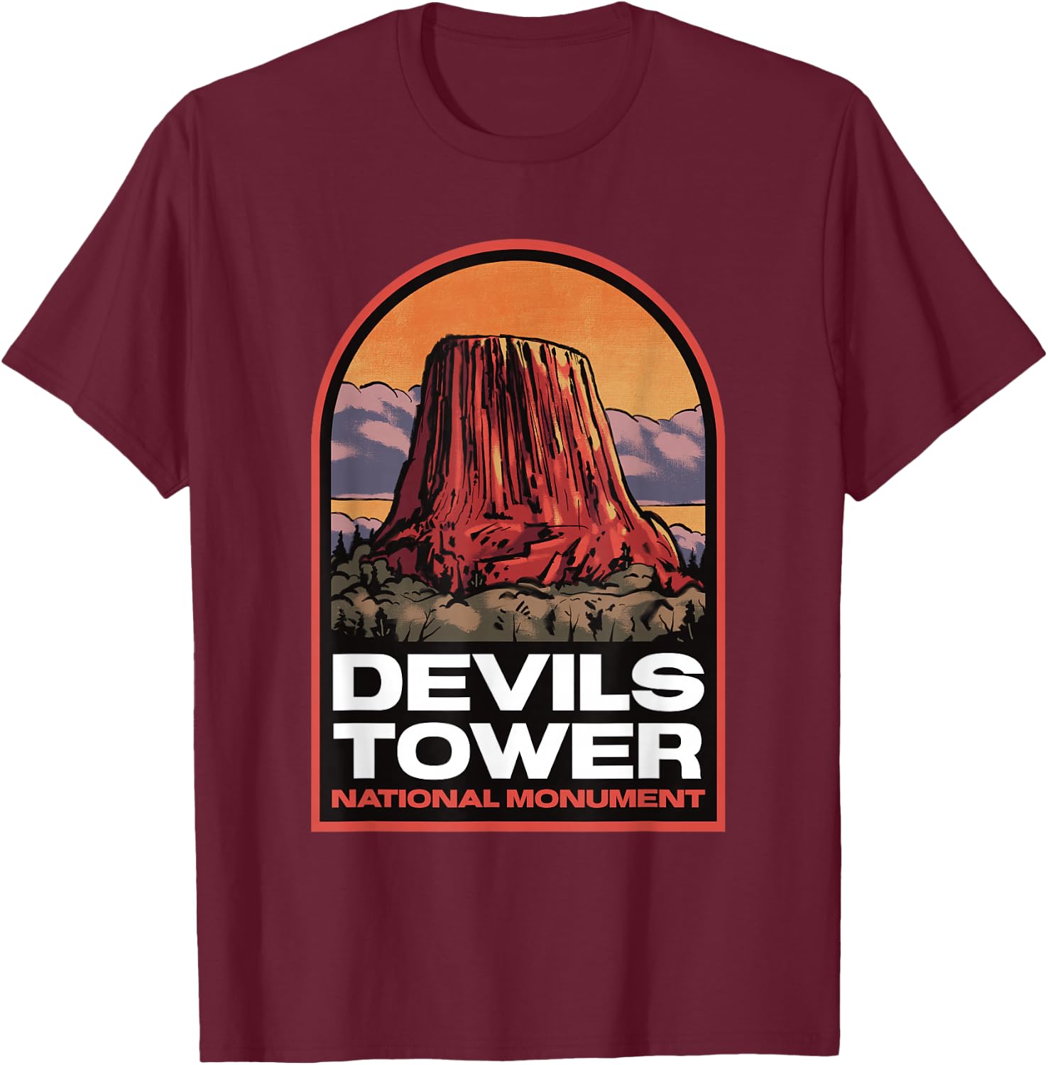 Devils Tower Wyoming Vintage Travel T-Shirt - T-Shirt | Maroon