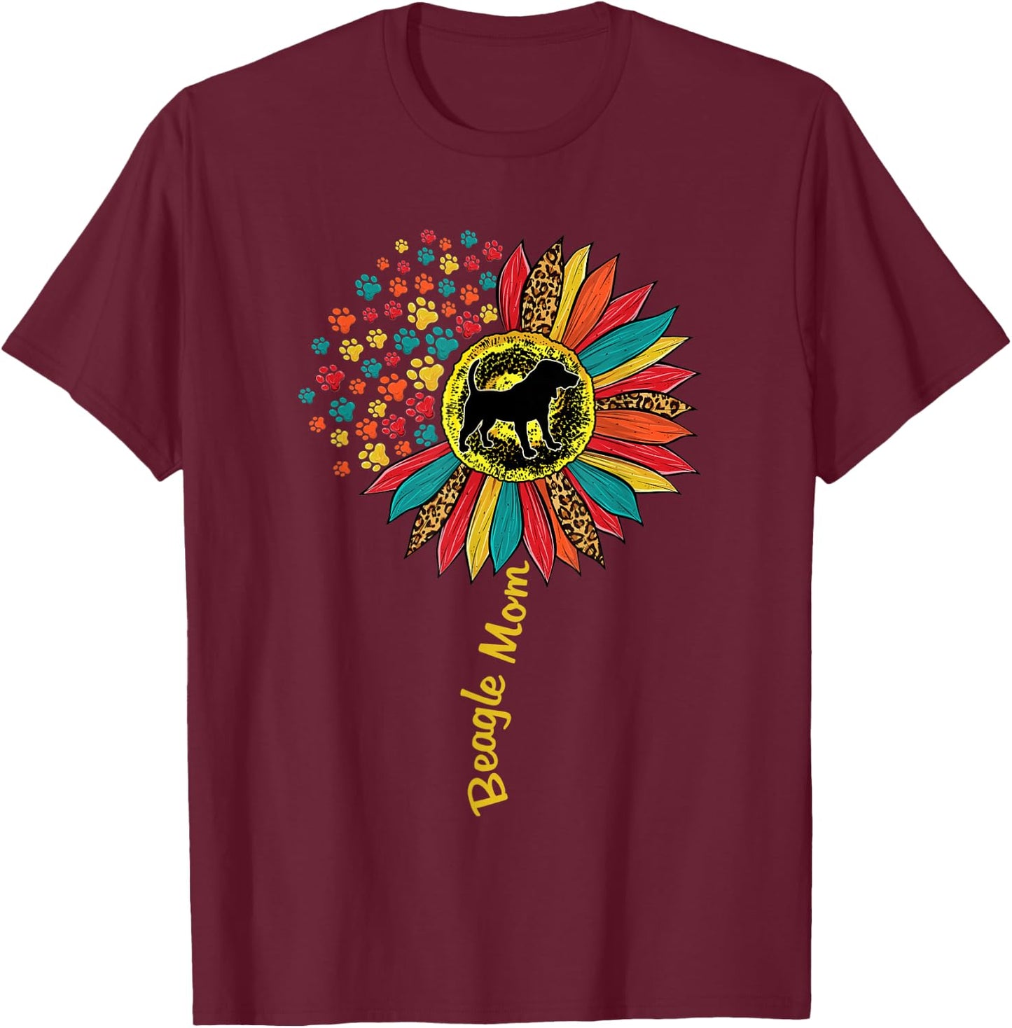 Beagle Mom Dog Lover Sunflower Paw Leopard Print T-Shirt - T-Shirt | Maroon