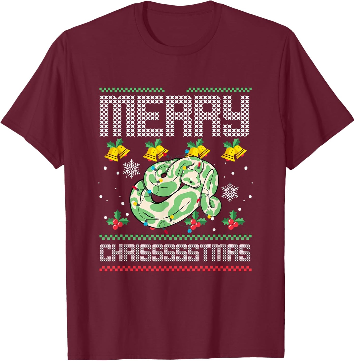 Christmas Snake Serpent Reptile Merry Chrissssstmas T-Shirt - T-Shirt | Maroon