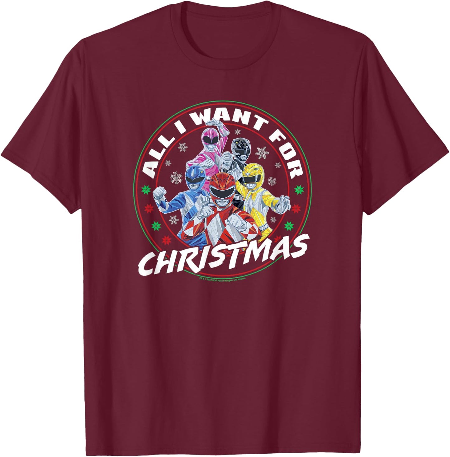 Power Rangers Christmas All I Want For T-Shirt - T-Shirt | Maroon