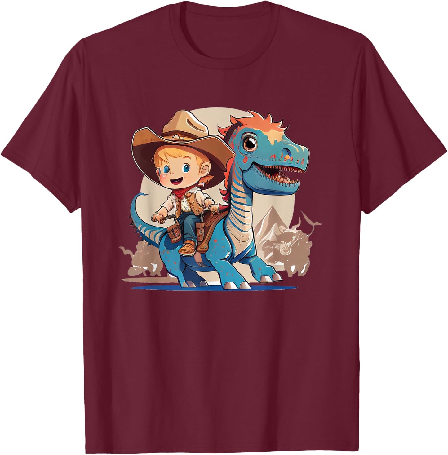 Dino Cowboy Dinosaur Rodeo Rider Nursery T-Shirt - T-Shirt | Maroon