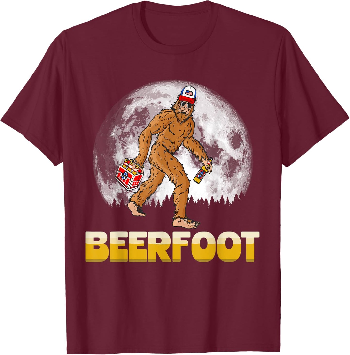 BeerFoot! Funny Hipster Sasquatch 6-Pack Full Moon Bigfoot T-Shirt - T-Shirt | Maroon