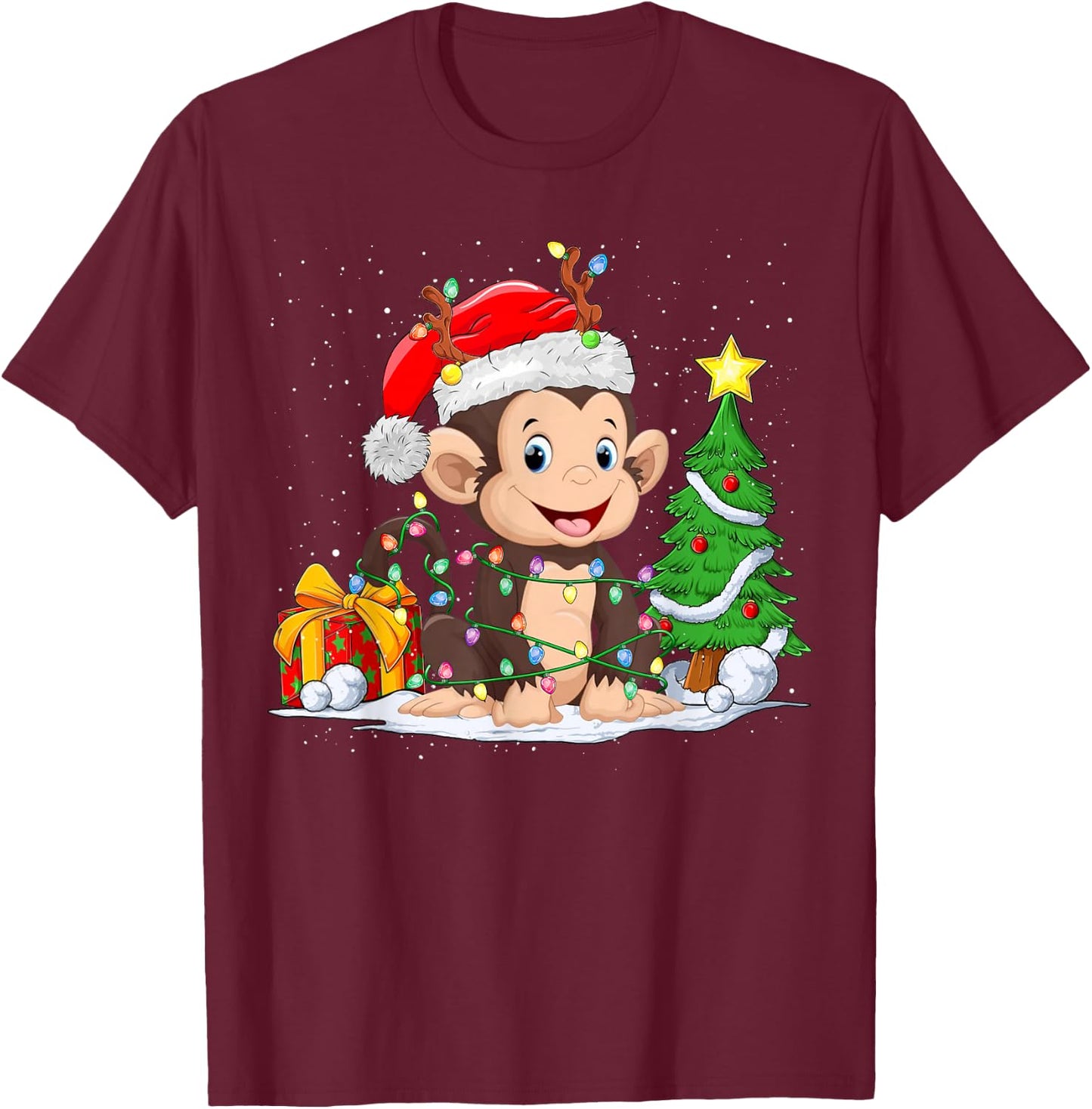 Cute Monkey Santa Christmas Tree Lights Xmas Pajama Monkey T-Shirt - T-Shirt | Maroon