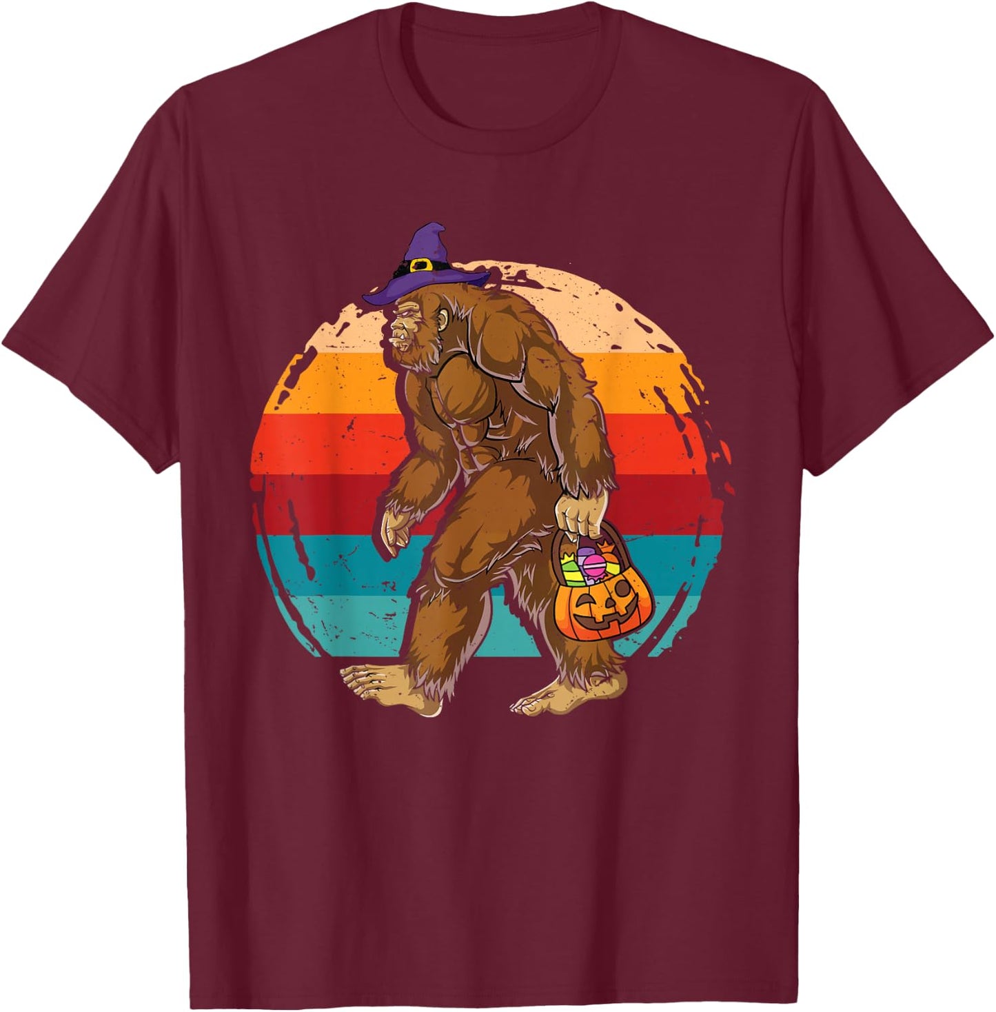 Bigfoot Sasquatch Witch Hat Retro Jack O Lantern Halloween T-Shirt - T-Shirt | Maroon