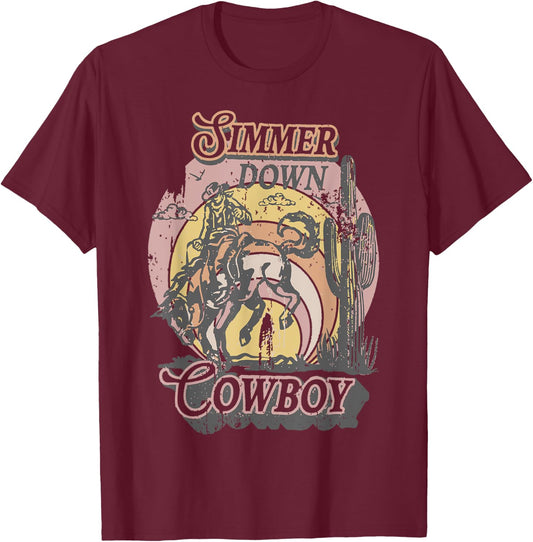 Simmer Summer Down Cowboy Cowgirl Western Graphic Cow Skull T-Shirt - T-Shirt | Maroon