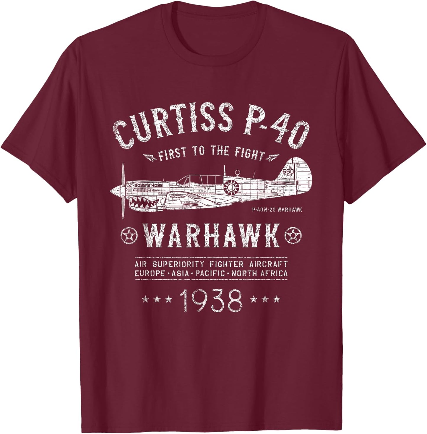P-40 Warhawk Flying Tiger's Fighter Plane | P40 Shark Mouth T-Shirt - T-Shirt | Maroon