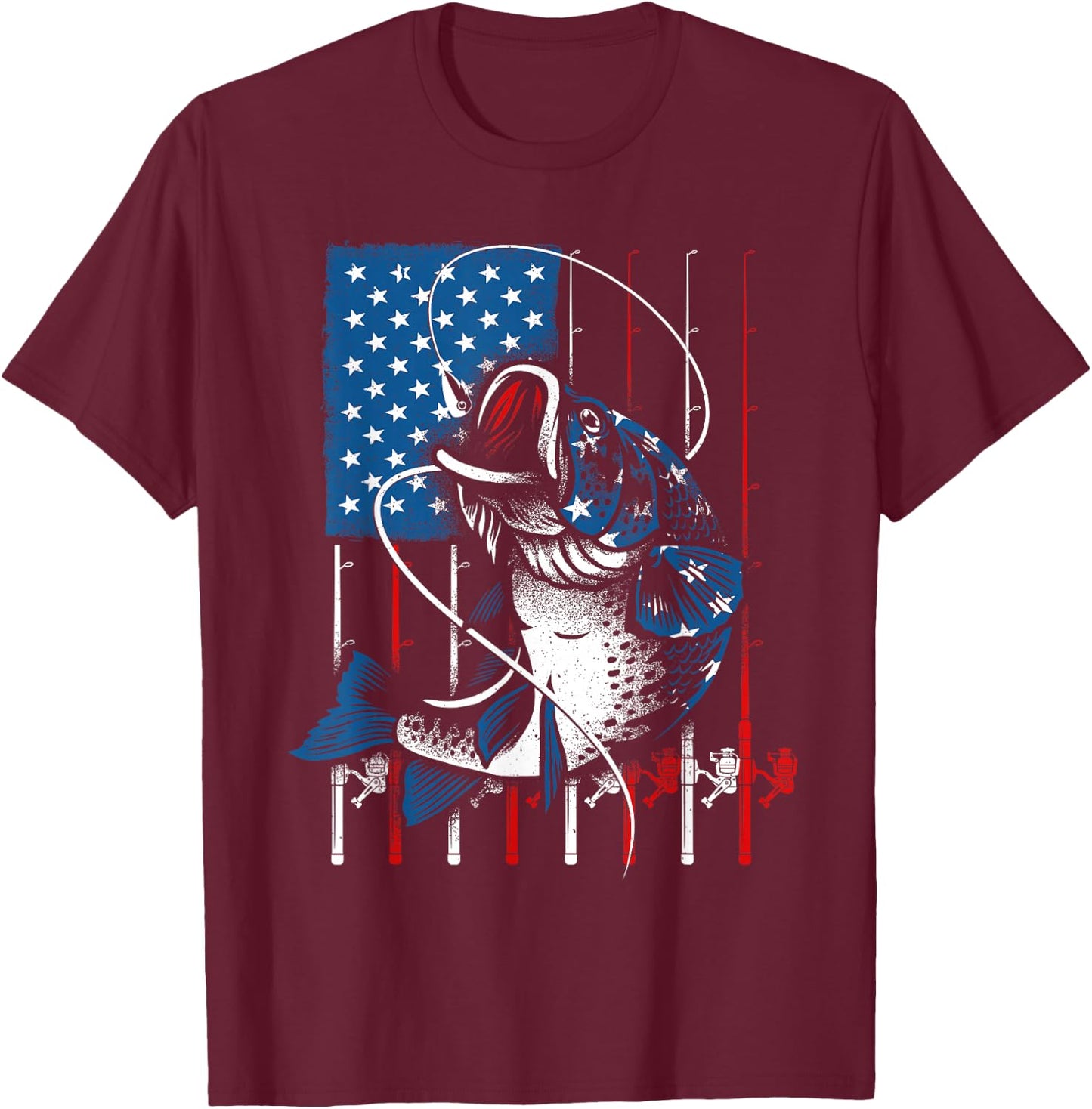 Fishing Art Women American Flag USA Fishing Lover T-Shirt - T-Shirt | Maroon