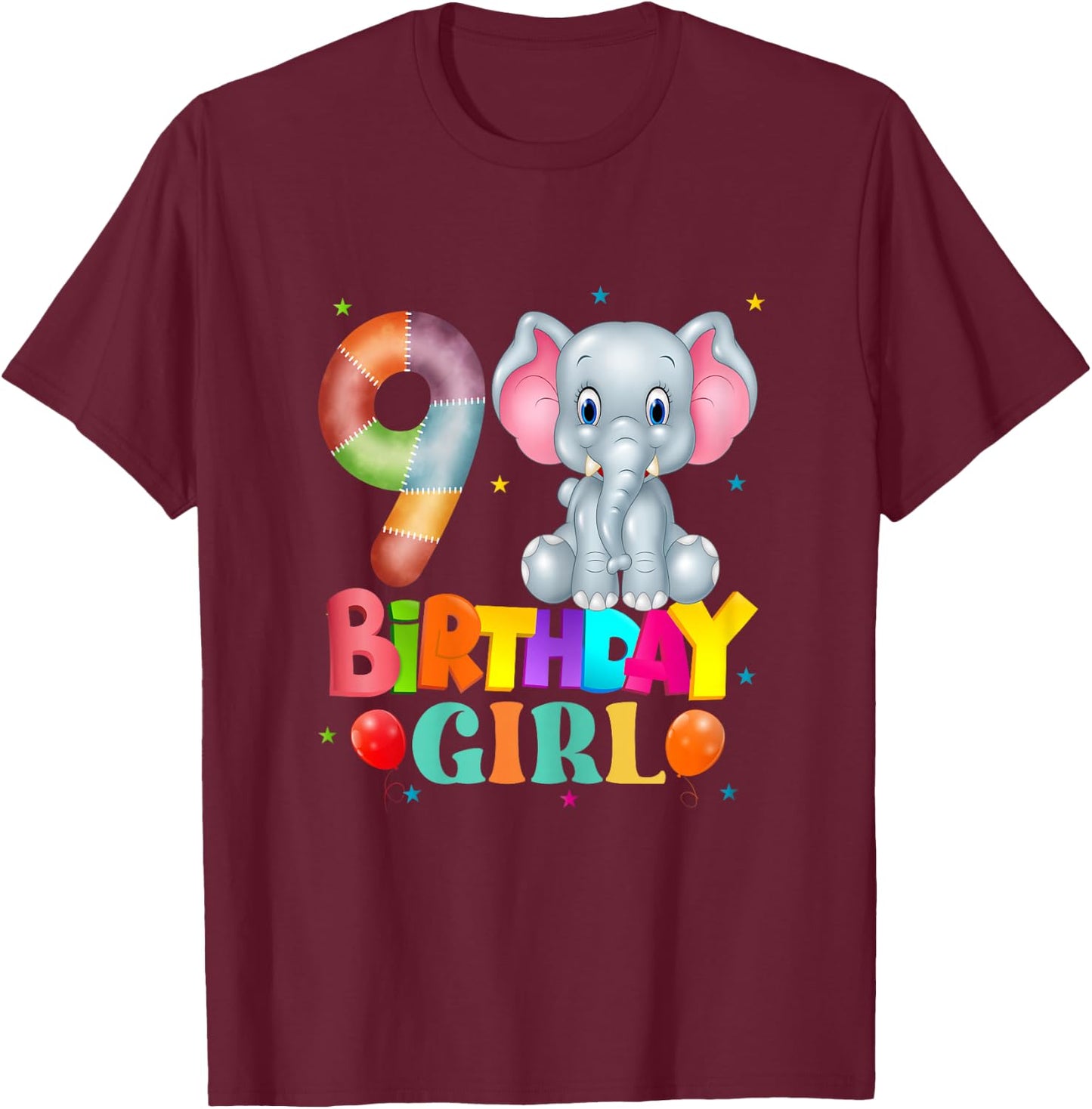 9th Birthday Elephant 9 Years Old Girls Elephant T-Shirt - T-Shirt | Maroon