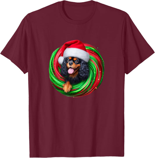 Cavalier King Charles Spaniel Dog Black Tan Christmas Swirl Men Women T-Shirt - T-Shirt | Maroon