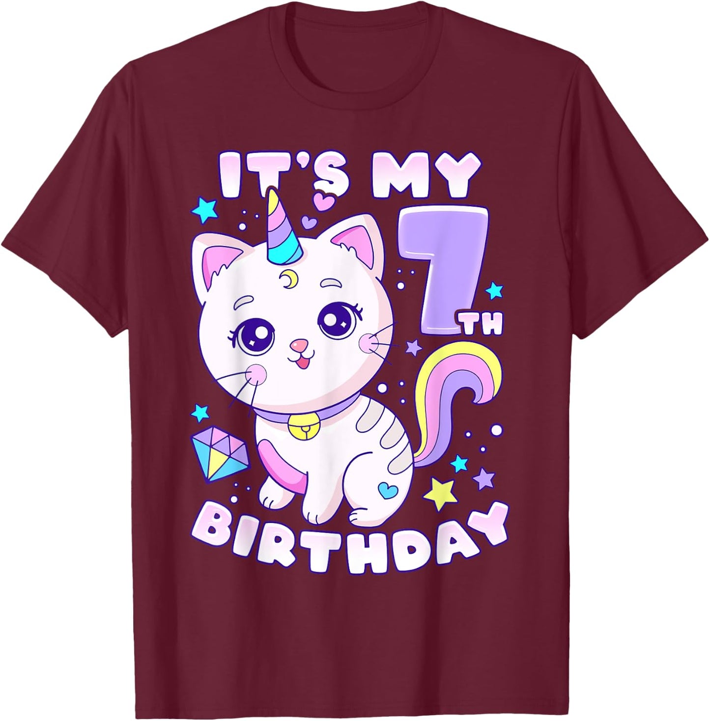 Birthday girl 7 years old, cat, unicorn, 7th birthday T-Shirt - T-Shirt | Maroon
