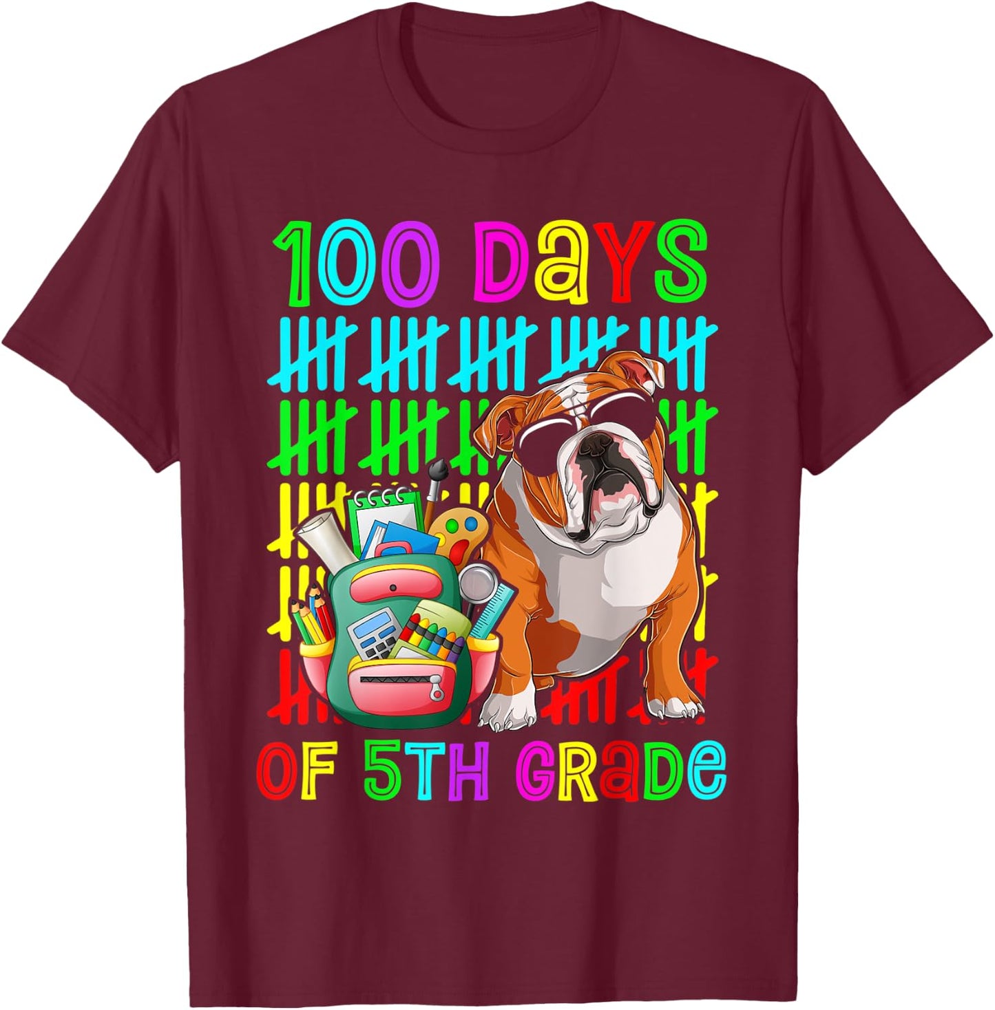 100th Day Of 5th Grade Boys Kids English Bulldog Dog Lovers T-Shirt - T-Shirt | Maroon