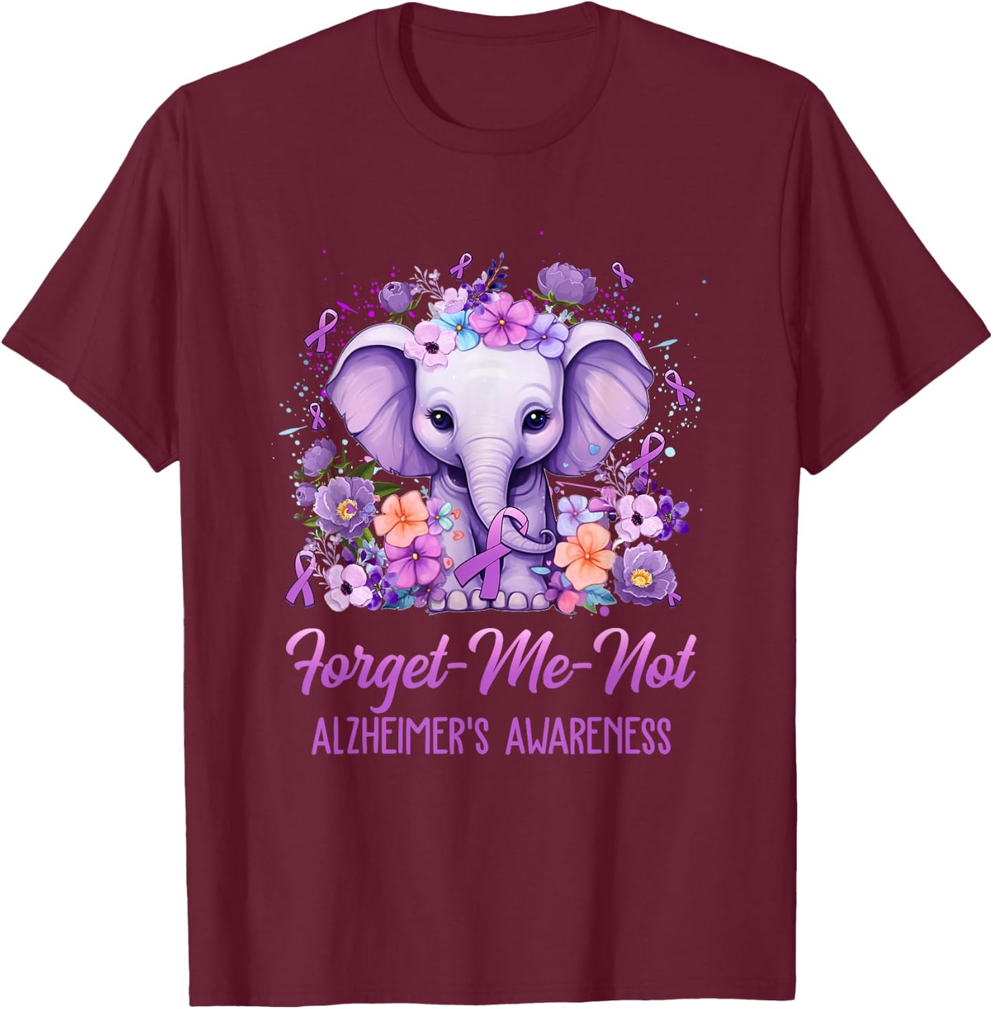 Forget Me Not Alzheimer's Awareness Month Elephant Flower T-Shirt - T-Shirt | Maroon