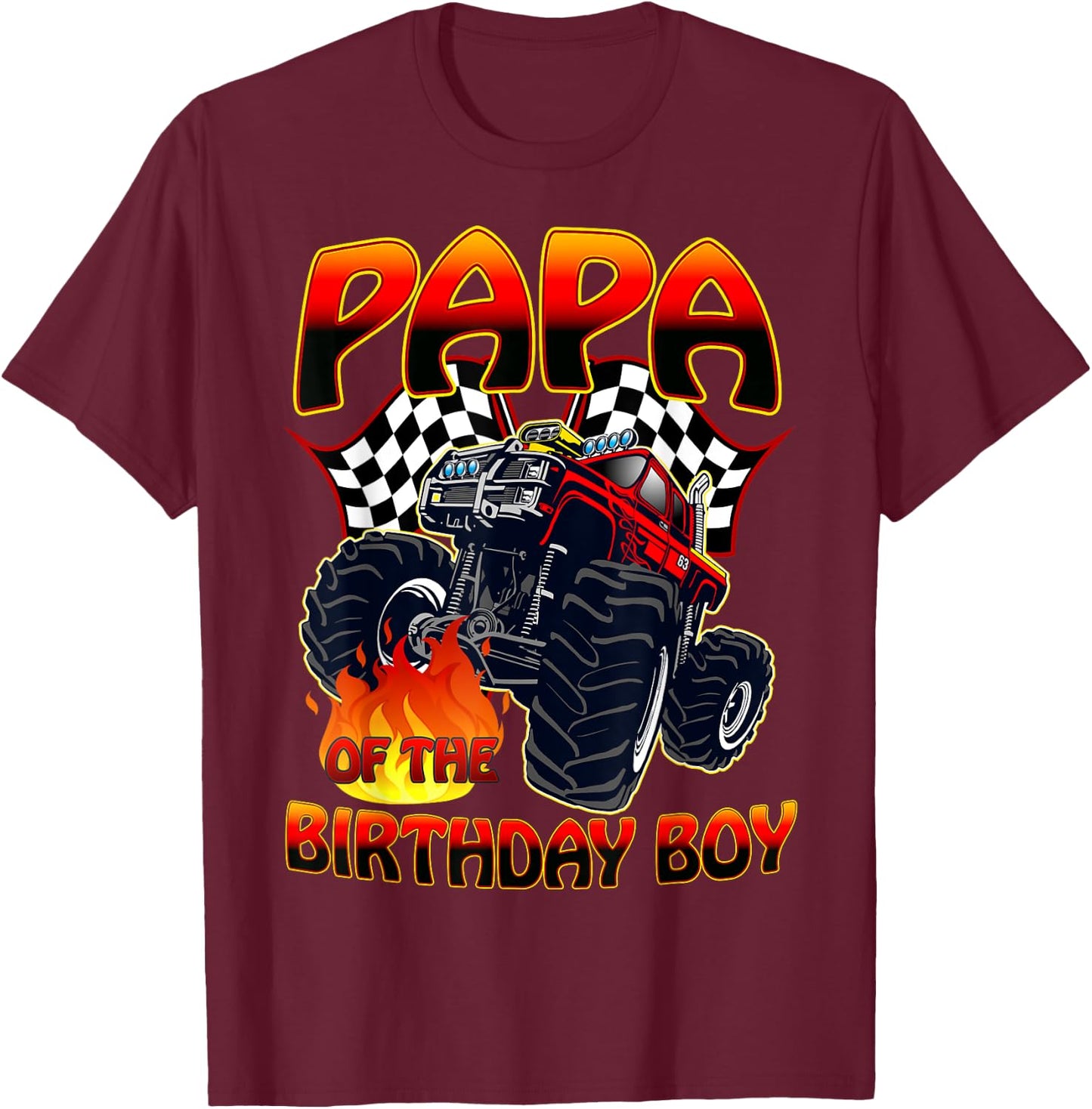 Papa of The Birthday Boy Monster Truck Racing Cars Matching T-Shirt - T-Shirt | Maroon