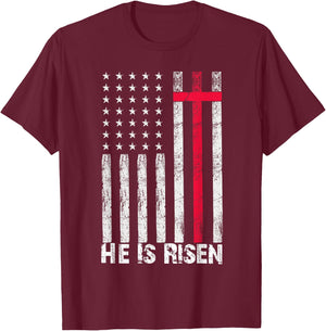 He is Risen American Flag Cross Vintage Happy Easter T-Shirt - T-Shirt | Maroon