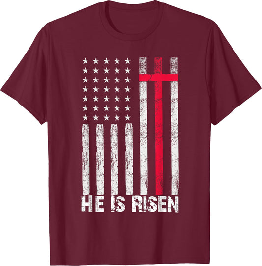 He is Risen American Flag Cross Vintage Happy Easter T-Shirt - T-Shirt | Maroon