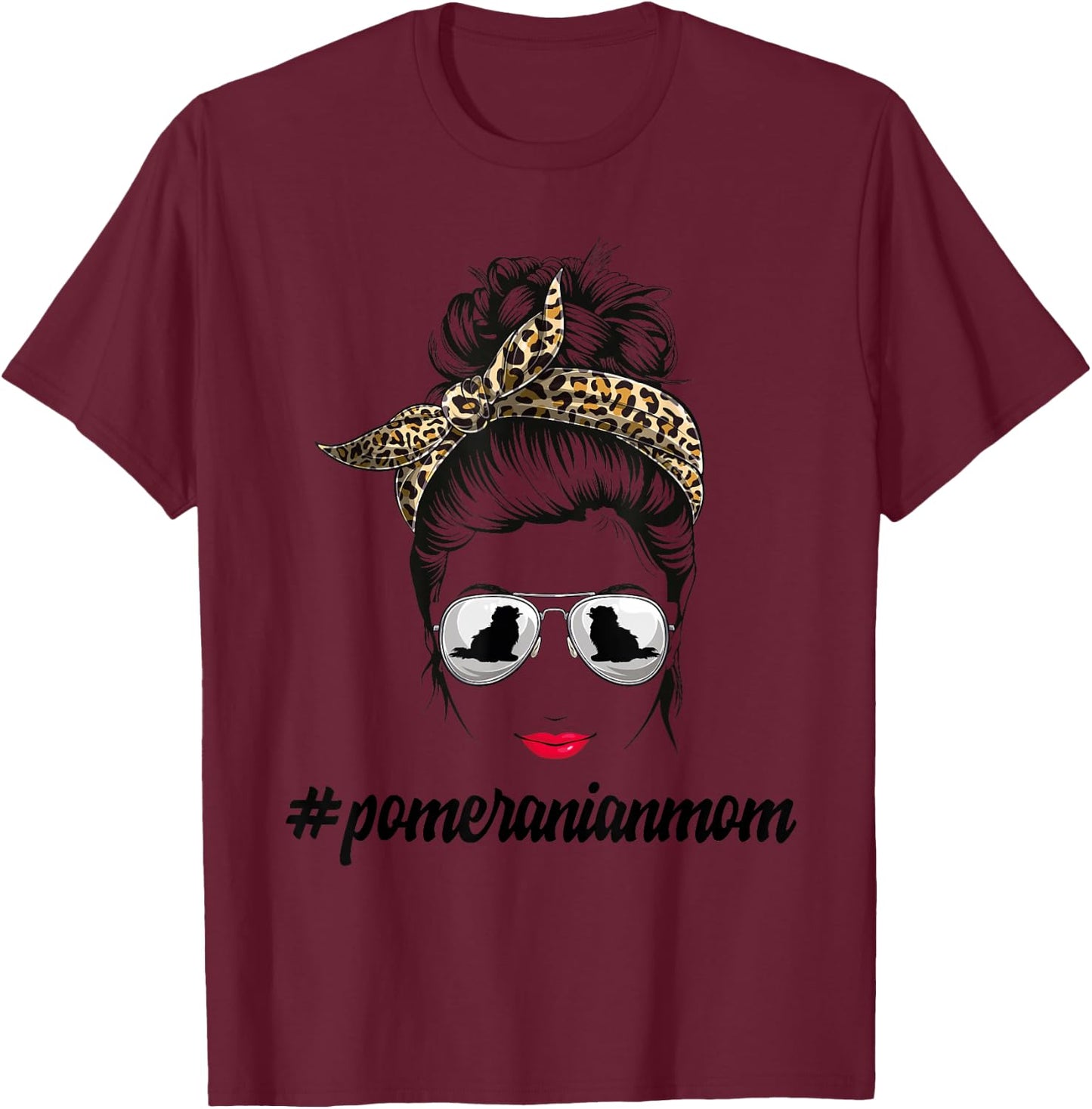 Pomeranian Dog Mom Messy Bun Leopard Women Puppy Pet Lover T-Shirt - T-Shirt | Maroon