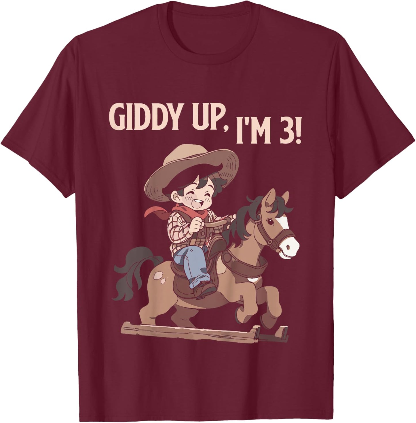 Kids Giddy Up I'm 3 Cute Horse Riding Cowboy 3rd Birthday Boys T-Shirt - T-Shirt | Maroon