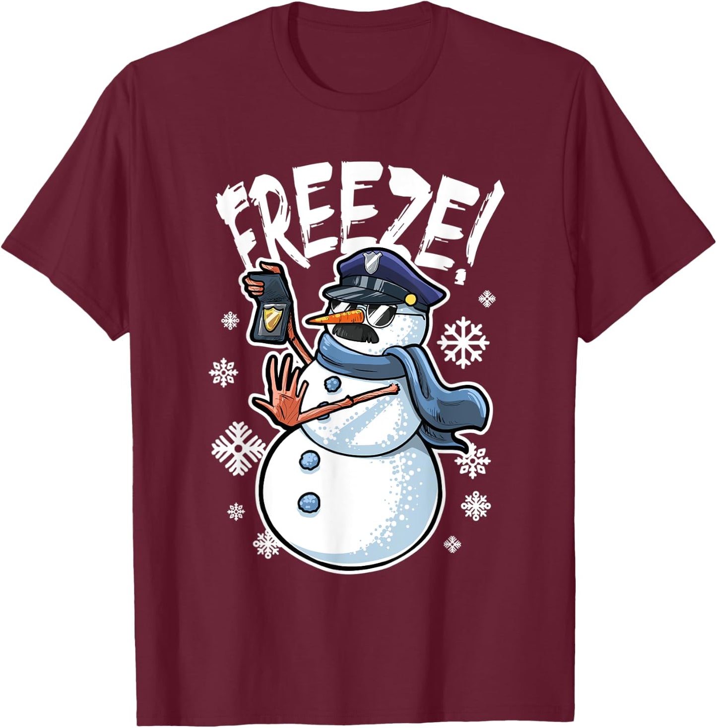 Freeze Funny Snowman Christmas Police Officer T-Shirt - T-Shirt | Maroon